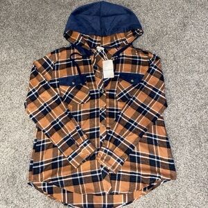 NWT- Hem & Thread - Orange and Blue Plaid  Hooded Flannel
